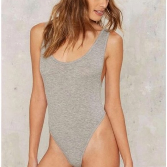 Nasty Gal Tops - Nasty Gal Lets Get Physical Gray Thong Bodysuit